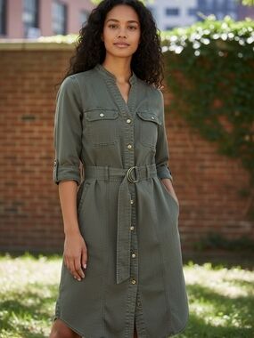 White House Black Market Olive Green Long-Sleeve Belted Shirt Dress